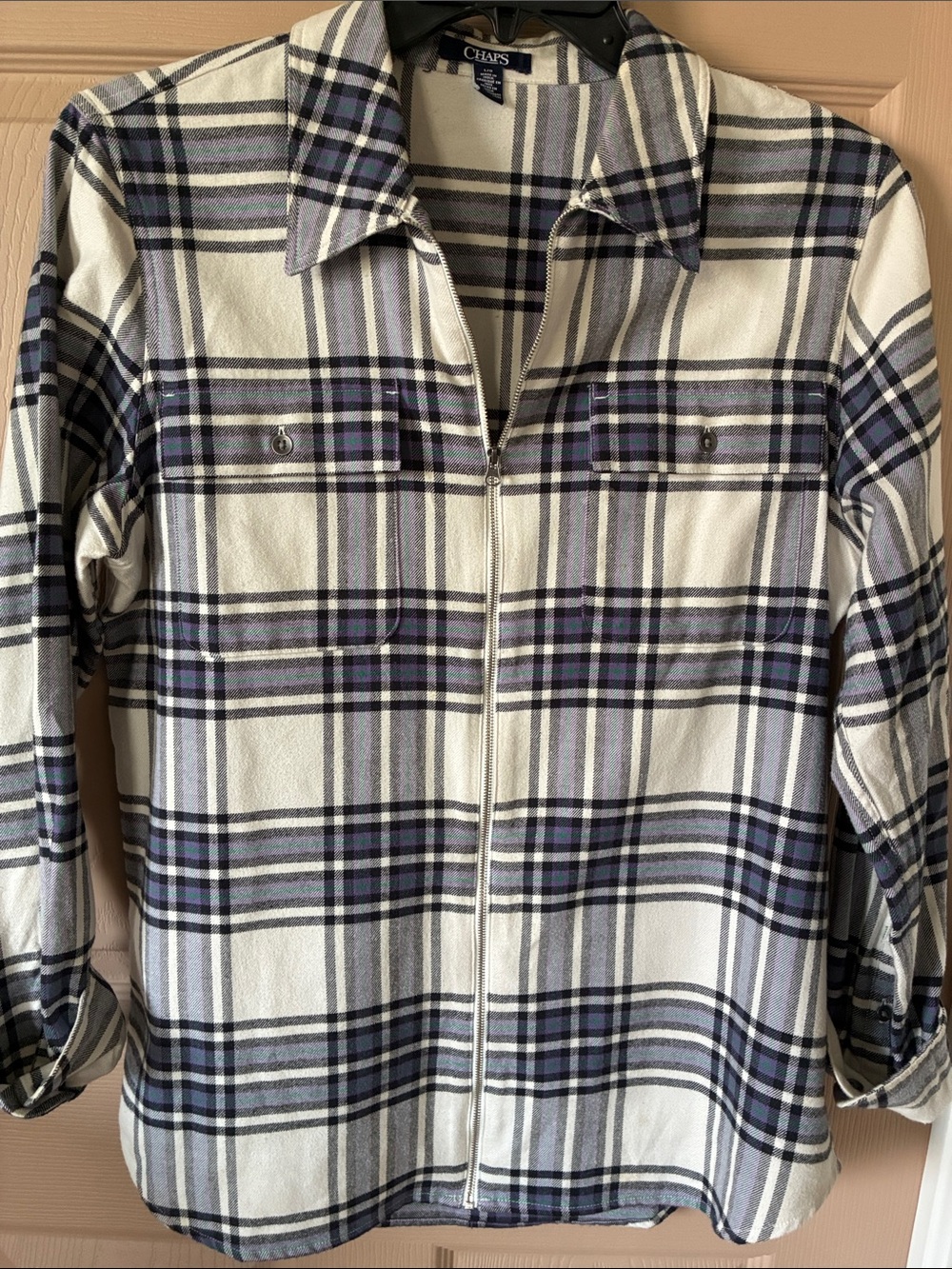 Chaps White, Navy and Gray Plaid Zip-Front Shirt Jacket